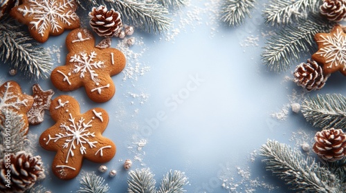 Gingerbread cookies and festive decorations on wooden table during winter season