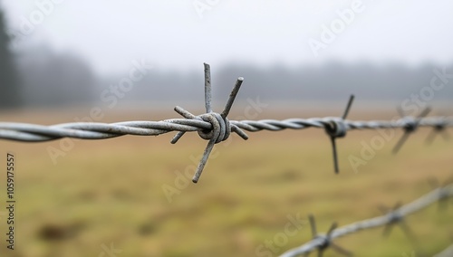 Barbed wire fence along a rural field at dusk with gentle sunlight illuminati...