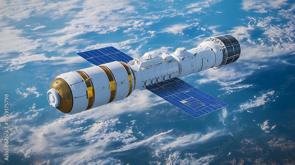 Fototapeta premium A futuristic space station orbiting Earth, showcasing advanced technology and design.