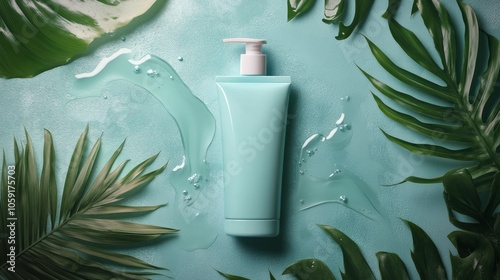 Bright yellow lotion bottle surrounded by tropical leaves against a vibrant o...