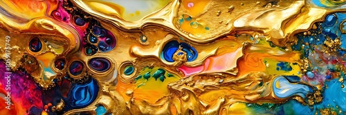 Colorful abstract painting oil and water with 3d golden 24k	