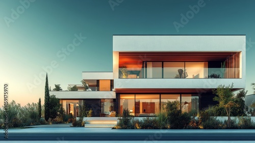 Modern house surrounded by lush greenery and a tranquil pool, showcasing cont...