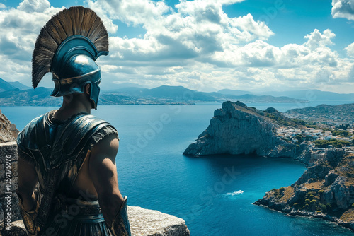 Epic View of a Greek Soldier in blue armor by the Coastline photo