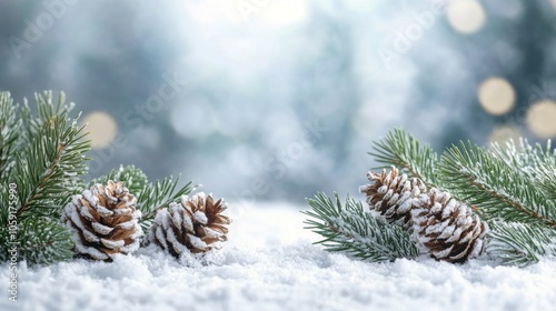 Snowfall in a serene winter landscape with mountains and illuminated trees at...