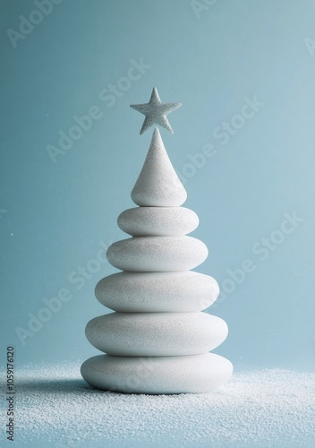 White ceramic Christmas tree decoration on a soft blue background in a minima...