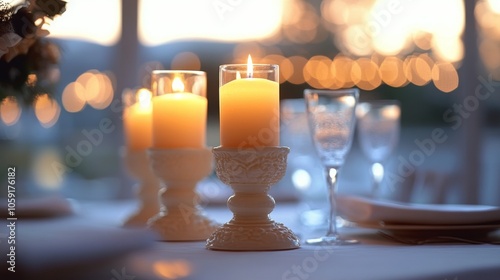 Romantic candlelit dinner setting with sparkling lights in the background at ...