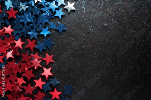 Colorful stars in red, white, and blue decorate a dark background for a festi...