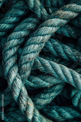 Vertical A tangled mass of thick, weathered ropes in shades of deep green and teal. The texture is rough.