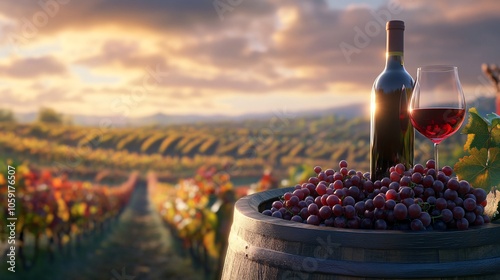 A picturesque view of a vineyard at sunset with a bottle of red wine and a glass alongside fresh grapes on a wooden barrel.