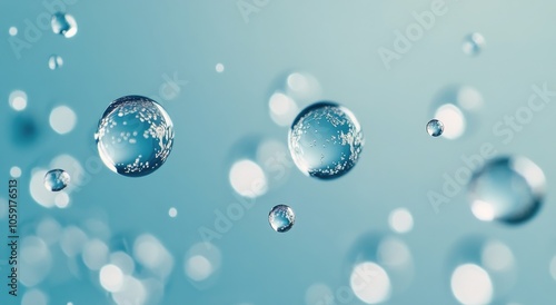 Bubbles floating in clear blue water with soft light reflections creating a s...