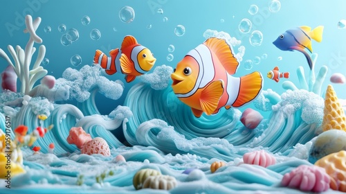 Whimsical Seaside Scene with Colorful Fish