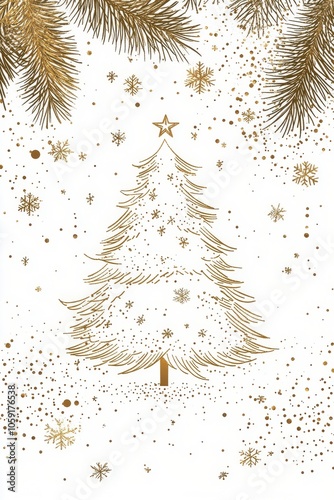 Festive golden Christmas tree design adorned with snowflakes and pine branche...