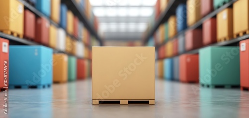 Warehouse with stacks of colorful boxes, neat and efficient, wellorganized stock photo