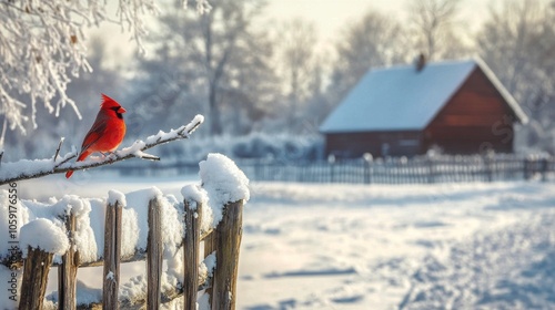 Snowy winter scene with a red cardinal near a rustic farmhouse in a quiet cou...