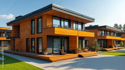 Modern wooden houses with balconies in a sunny residential area on a bright a...