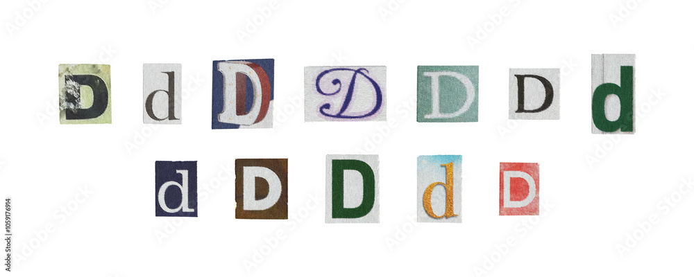 Set of isolated cut-out letter “D” from magazines on a transparent background, retro y2k style Set of isolated cut-out letter “D” from magazines on a transparent background, retro y2k style