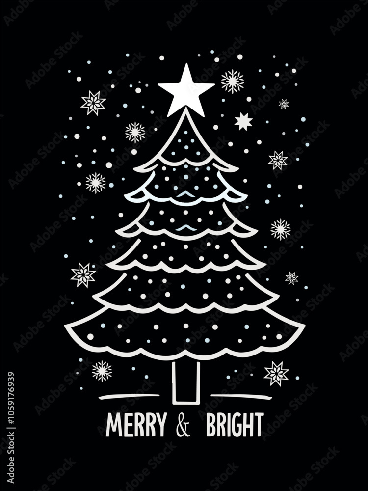 Merry & Bright typography, Christmas tree vector illustration, tree vector art Merry & Bright typography, Christmas tree vector illustration, tree vector art
