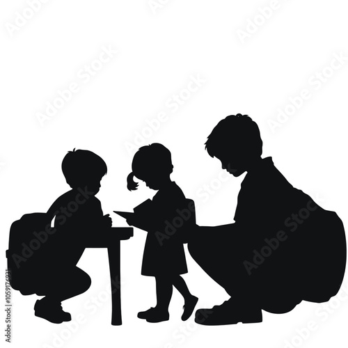 school children, child, hand, reading , vector silhouette, isolated white background