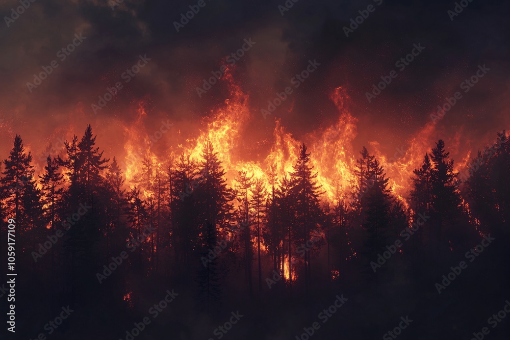 A dramatic scene of a forest fire, flames engulfing trees under a dark sky, illustrating the impact of wildfires on nature and the environment. A dramatic scene of a forest fire, flames engulfing trees under a dark sky, illustrating the impact of wildfires on nature and the environment.