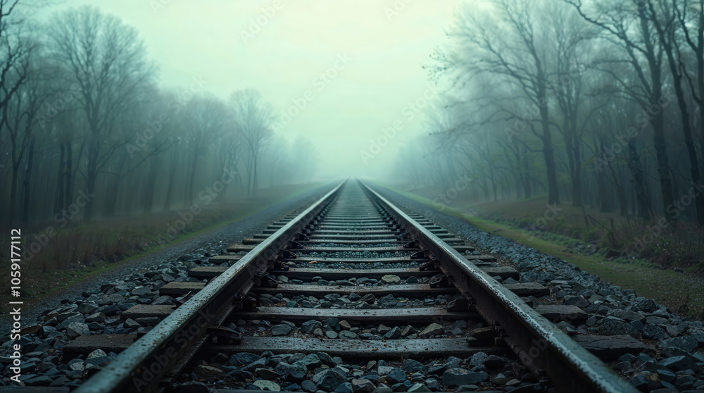 Train tracks disappearing into foggy forest at dawn Train tracks disappearing into foggy forest at dawn