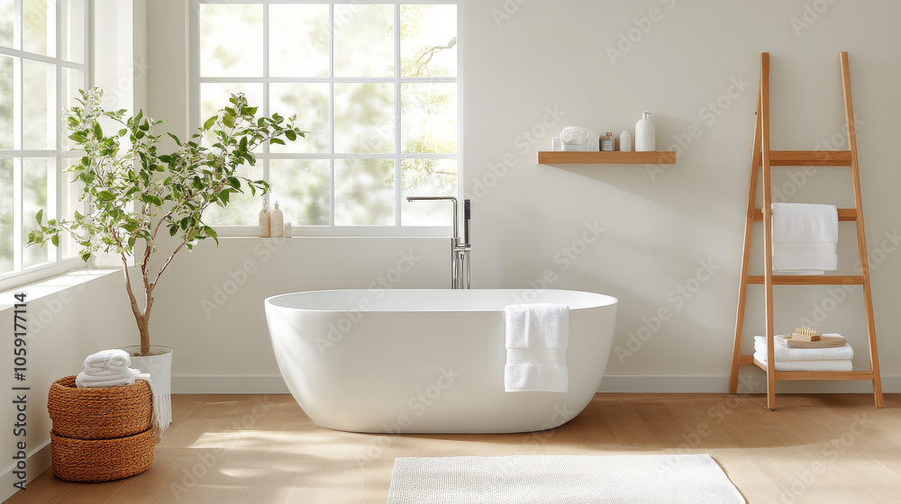 A modern bathroom featuring freestanding bathtub, large windows, and natural light. space is enhanced by potted plant, wooden ladder shelf, and neatly arranged towels, creating serene atmosphere A modern bathroom featuring freestanding bathtub, large windows, and natural light. space is enhanced by potted plant, wooden ladder shelf, and neatly arranged towels, creating serene atmosphere