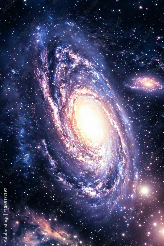 Vertical A view from space to a spiral galaxy and stars. Universe filled with stars, nebula and galaxy.