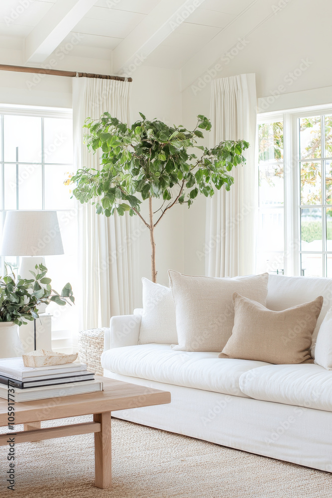 A bright and airy living room featuring white sofa adorned with neutral pillows, stylish coffee table, and lush greenery. natural light enhances serene atmosphere A bright and airy living room featuring white sofa adorned with neutral pillows, stylish coffee table, and lush greenery. natural light enhances serene atmosphere