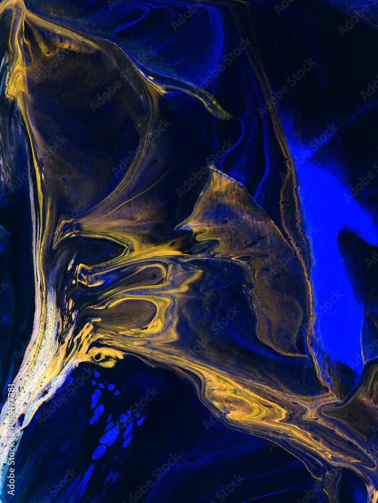 Naklejka premium Abstract fantastic gold and neon blue creative hand painted background, marble and brush texture, abstract ocean, acrylic painting.