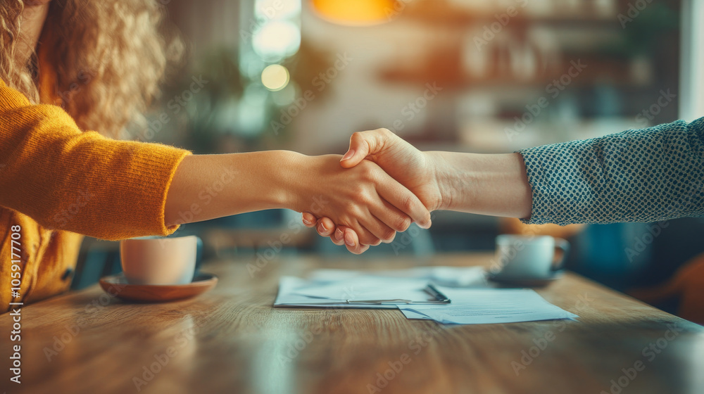 A warm handshake between two individuals signifies successful agreement or collaboration in cozy cafe setting. atmosphere is inviting and professional, perfect for business discussions A warm handshake between two individuals signifies successful agreement or collaboration in cozy cafe setting. atmosphere is inviting and professional, perfect for business discussions