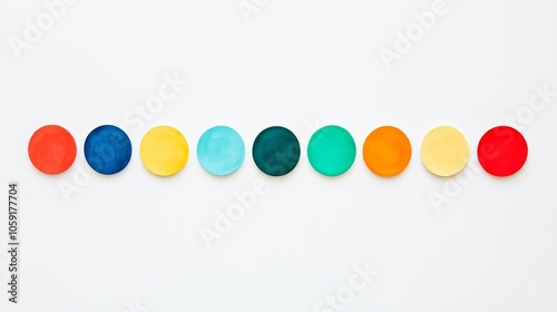 Colorful round paint blobs arranged in a vibrant horizontal line. Perfect for artistic backgrounds and creative projects. photo