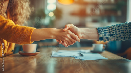 A warm handshake between two individuals signifies successful agreement or collaboration in cozy cafe setting. atmosphere is inviting and professional, perfect for business discussions