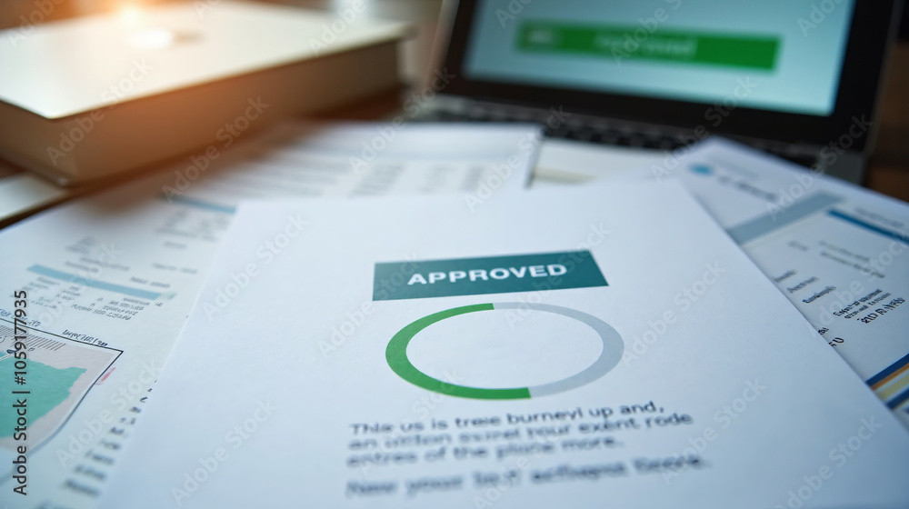 Approved Document on Desk with Laptop and Papers in Background Approved Document on Desk with Laptop and Papers in Background