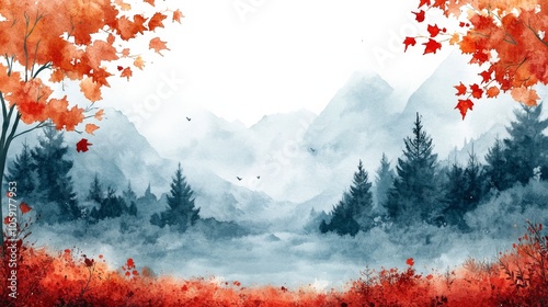 Autumn landscape with vibrant trees and falling leaves in a serene park setting