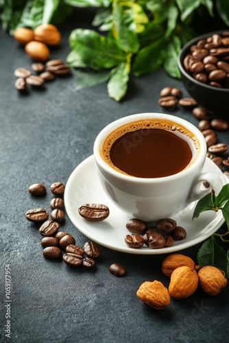 Warm cup of freshly brewed coffee surrounded by coffee beans and green leaves...