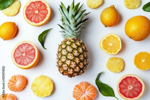 Vibrant arrangement of fresh oranges and pineapple on a clean white background photo