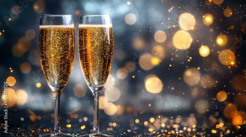 Celebratory champagne flutes with bubbles and festive decorations during a ho...
