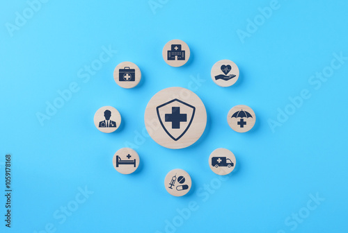 Health insurance and medical care concept. A set of wooden blocks displaying health-related icons, medical care, health insurance, and medication. healthcare services, protection, insurance coverage,