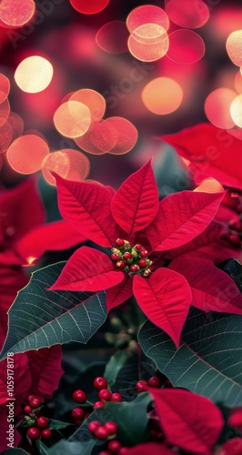 Bright red poinsettia surrounded by festive decorations during the holiday se...