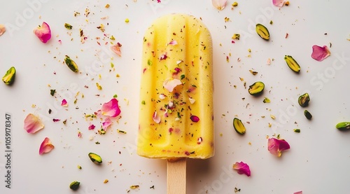 Delicious saffron and pistachio popsicle topped with rose petals on a white b...