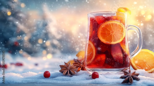 Warm spiced drink with orange slices and cinnamon against a winter landscape ...