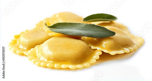 Homemade ravioli served with fresh sage leaves on a pristine white plate