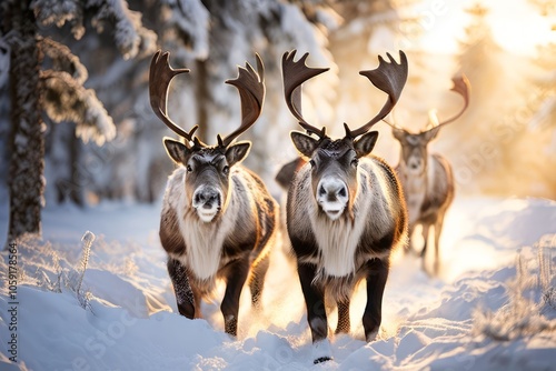 reindeer pulling a sleigh through the snow their antlers gleamin photo