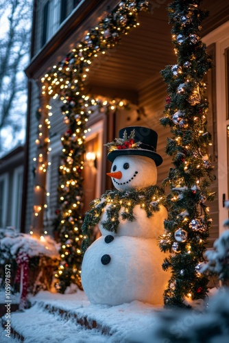 A cheerful snowman greets visitors at a warmly decorated front door during wi...