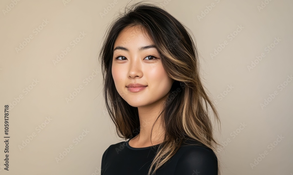 A young woman with long brown hair. A young woman with long brown hair.