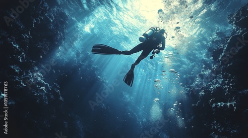 Diver exploring the serene underwater world with scuba gear in bright blue wa...