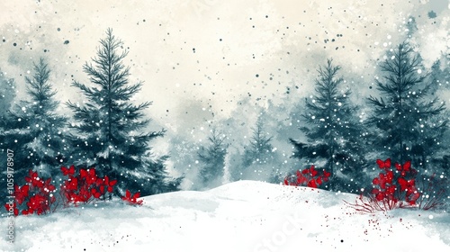Snow-covered landscape with mountains and evergreen trees during winter's cal...