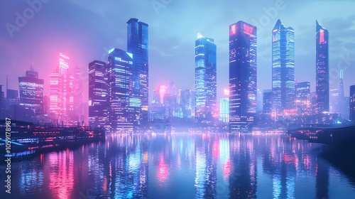 Wallpaper Mural Futuristic Cityscape with Glowing Skyscrapers and Reflections on the River at Dusk Torontodigital.ca