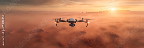 A drone with cameras and lights flying over the red desert, with dust clouds rising from below. The sun is setting in the background, casting long shadows on the rugged terrain. High-resolution photog photo