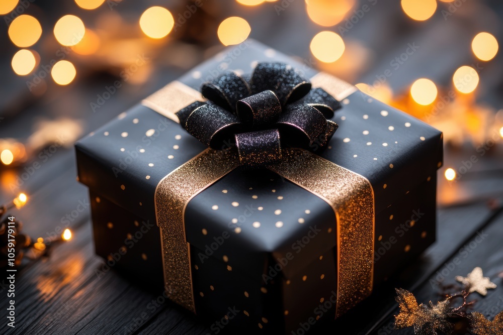 Stylish black gift box adorned with a shimmering golden bow and polka dots, creating a festive and elegant look perfect for celebrations. Stylish black gift box adorned with a shimmering golden bow and polka dots, creating a festive and elegant look perfect for celebrations.