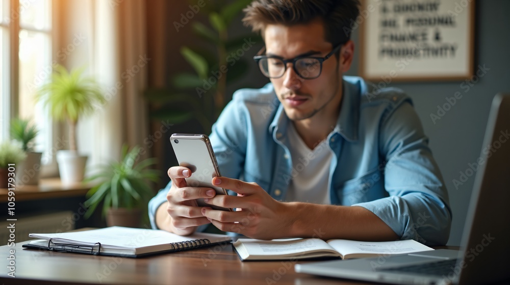 Man Balancing Study and Technology in a Comfortable Home Setting Man Balancing Study and Technology in a Comfortable Home Setting